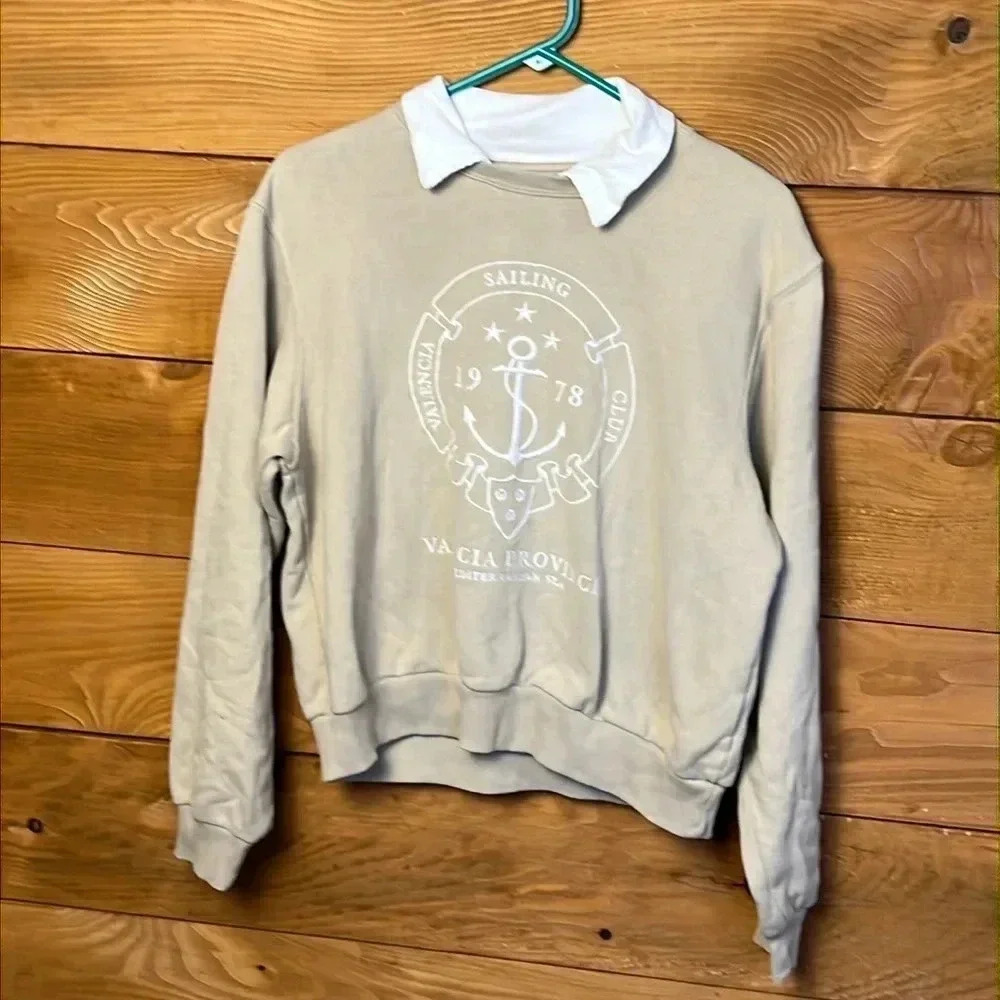 Hollister Womens Preppy sweatshirt collared beige XS cotton warm soft casual Y2K